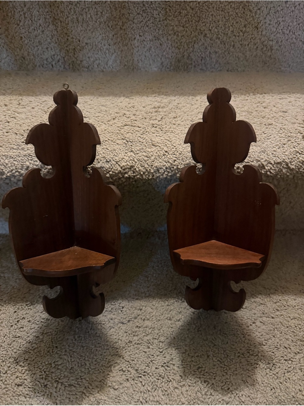 Handcrafted Brown Wooden Corner Wall Shelves - Pair